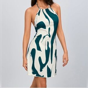 Women's Tie Back Halter Sleeveless Open-Back Mini Dress, Ivory & Teal Motif